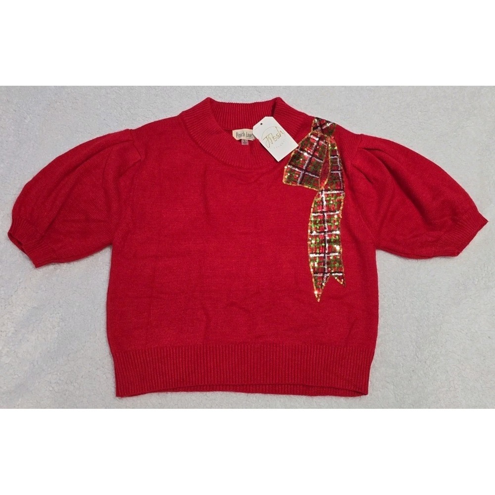 Peach Love Christmas Bow Sweater L Red Women Sequins Holiday Plaid Puff Sleeve